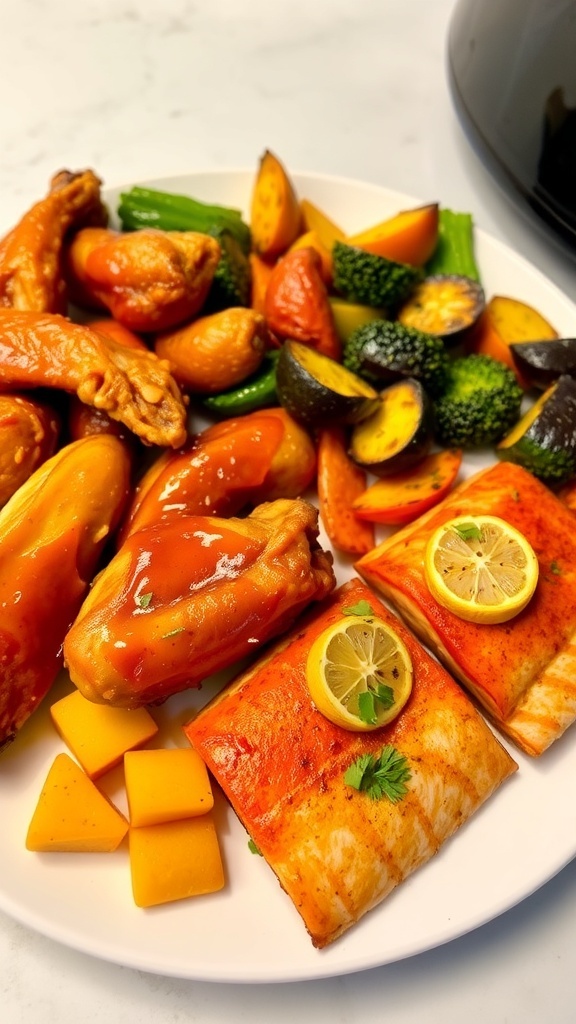 A plate of air fryer meals including chicken wings, roasted vegetables, and salmon fillets.